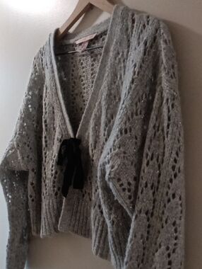 Victoria's Secret Light Gray Open-Knit V-Neck Sweater with Black Tie